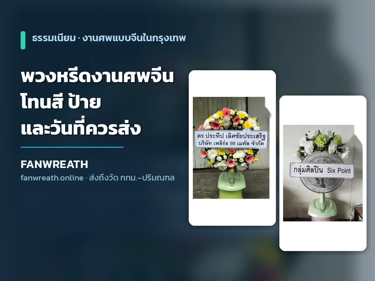 พวงหรีดพัดลมโทนขาวเหลืองประกอบบทความเรื่องการส่งพวงหรีดงานศพจีนให้ถูกธรรมเนียม
