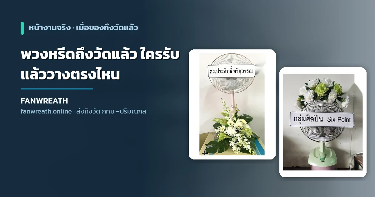 พวงหรีดพัดลมตั้งเรียงอยู่หน้าศาลาวัด ประกอบบทความเรื่องพวงหรีดวางตรงไหนและใครเป็นคนรับ