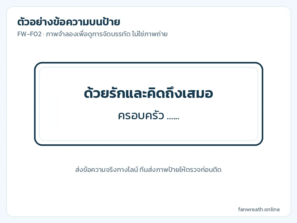 ภาพจำลองป้ายขาวแผ่นยาวสองบรรทัด ข้อความไว้อาลัยจากครอบครัว