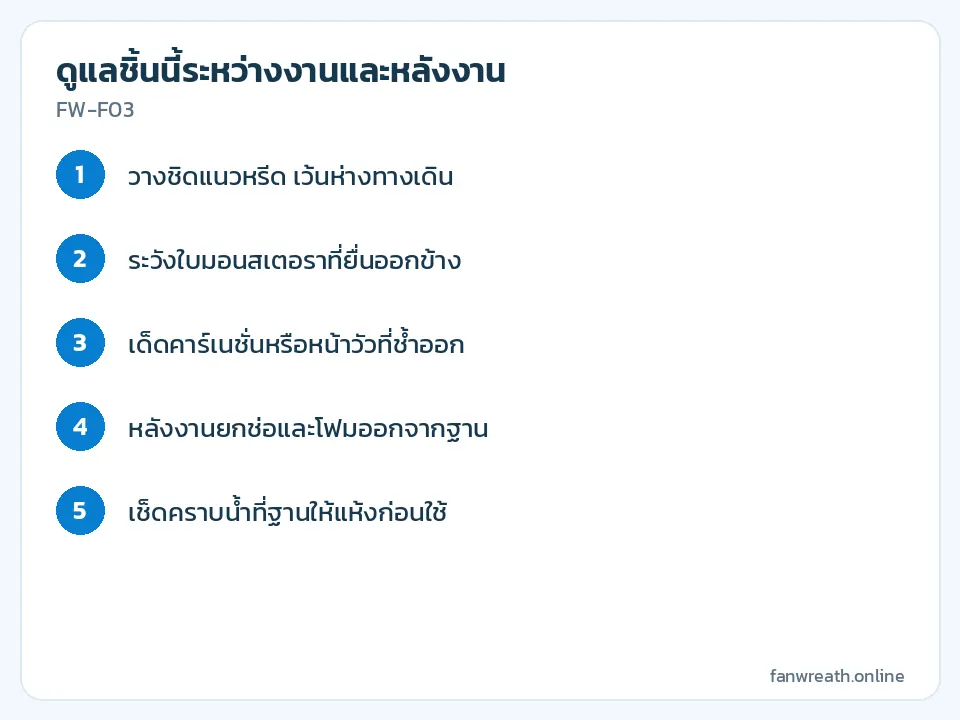 การ์ดขั้นตอนดูแลช่อดอกไม้ที่วางติดพื้นระหว่างงานสวดและการยกช่อออกหลังงาน