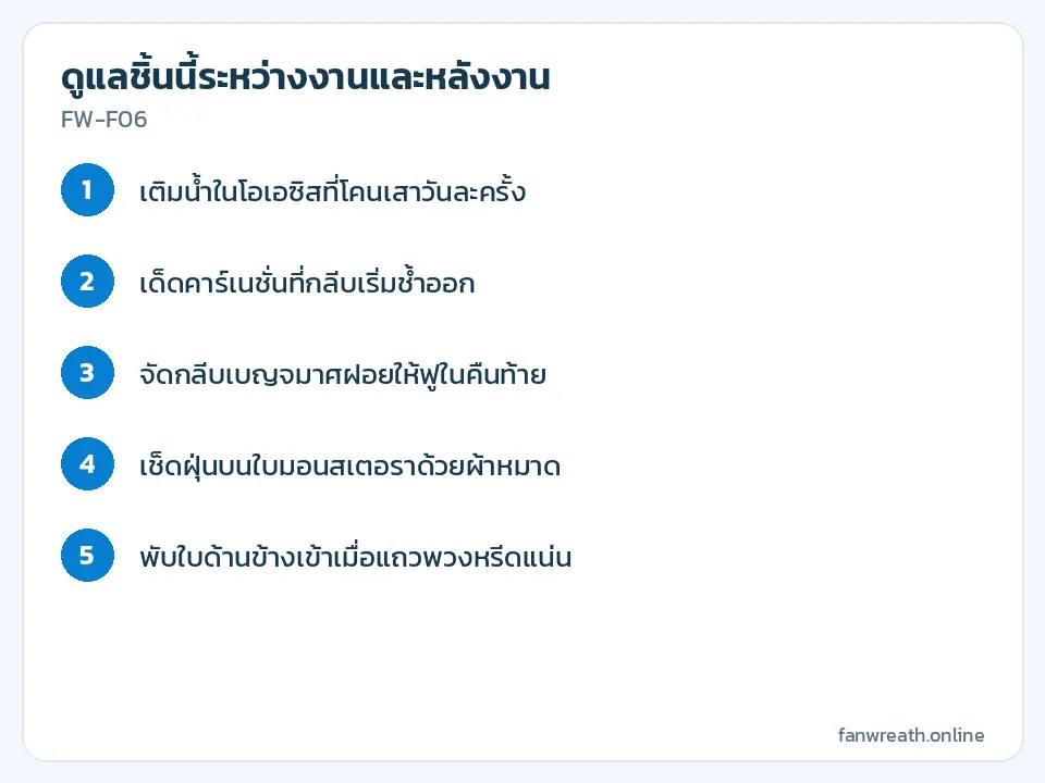 การ์ดขั้นตอนดูแลคาร์เนชั่น หน้าวัว และใบมอนสเตอราระหว่างงานสวดหลายคืน