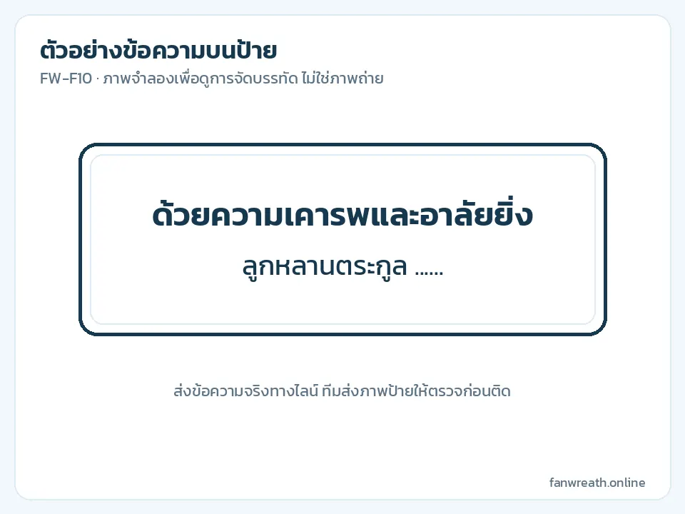ภาพจำลองป้ายพื้นขาวตัวอักษรดำ ข้อความไว้อาลัยในนามลูกหลานของครอบครัว