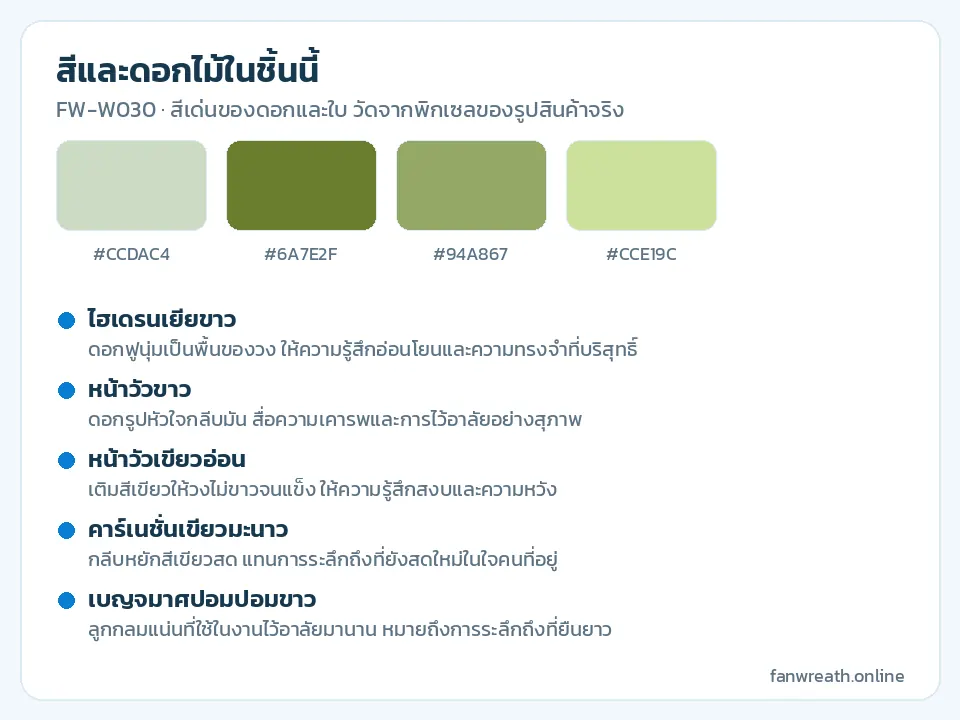 การ์ดสีขาว เขียวมะนาว และดำ พร้อมชื่อดอกไฮเดรนเยีย หน้าวัว คาร์เนชั่น เบญจมาศ