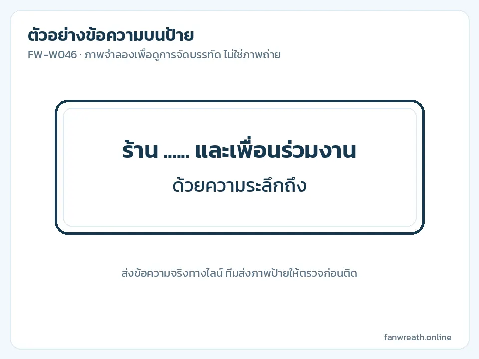 ภาพจำลองป้ายพื้นดำตัวอักษรขาวสองบรรทัด ชื่อร้านกับคำระลึกถึง