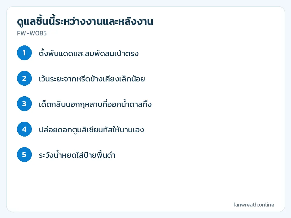การ์ดขั้นตอนดูแลกุหลาบขาวและลิเซียนทัสชมพูระหว่างงานสวดหลายคืน