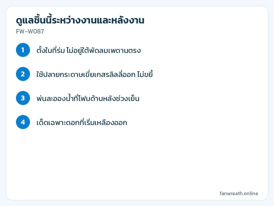 การ์ดขั้นตอนดูแลยิปโซและลิลลี่ขาวในหรีดดอกไม้สดระหว่างสวดพระอภิธรรม
