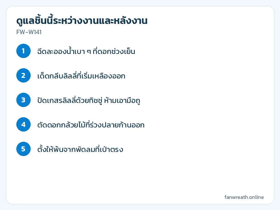 การ์ดขั้นตอนดูแลลิลลี่ กล้วยไม้ และคาร์เนชั่นขาวระหว่างงานสวดหลายคืน